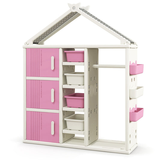Kids Costume Storage Closet with Storage Bins and Shelves and Side Baskets for Kids Room, Pink