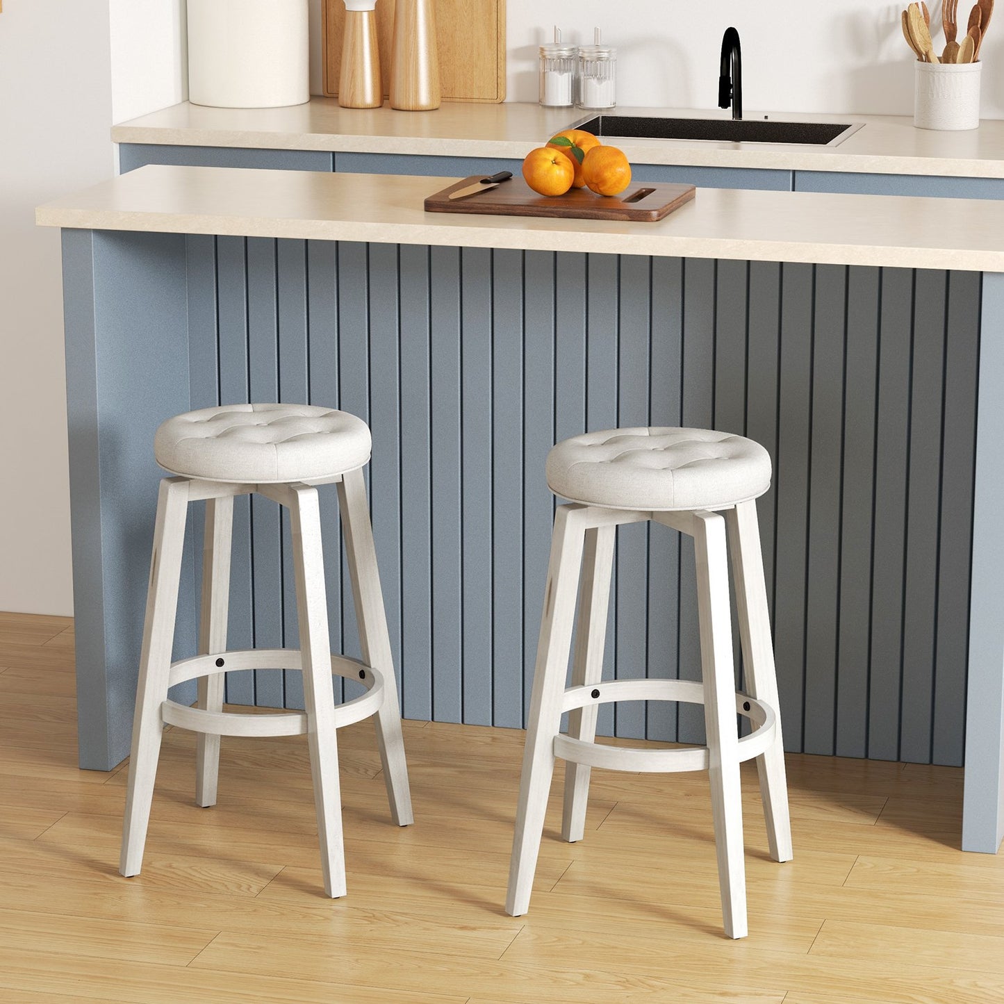 360° Swivel Upholstered Rubberwood Frame Bar Stool Set of 2 with Footrest-29 inches, White