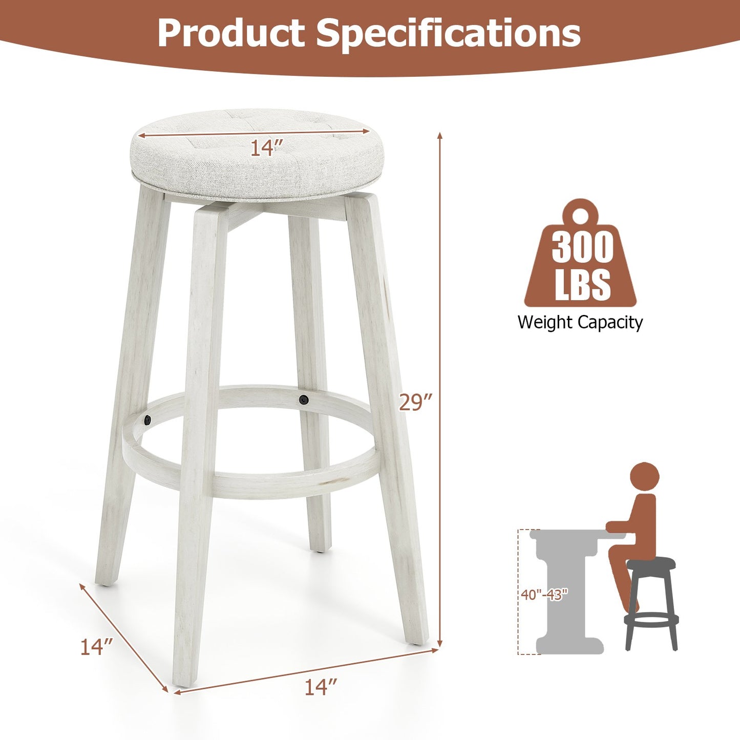 360° Swivel Upholstered Rubberwood Frame Bar Stool Set of 2 with Footrest-29 inches, White