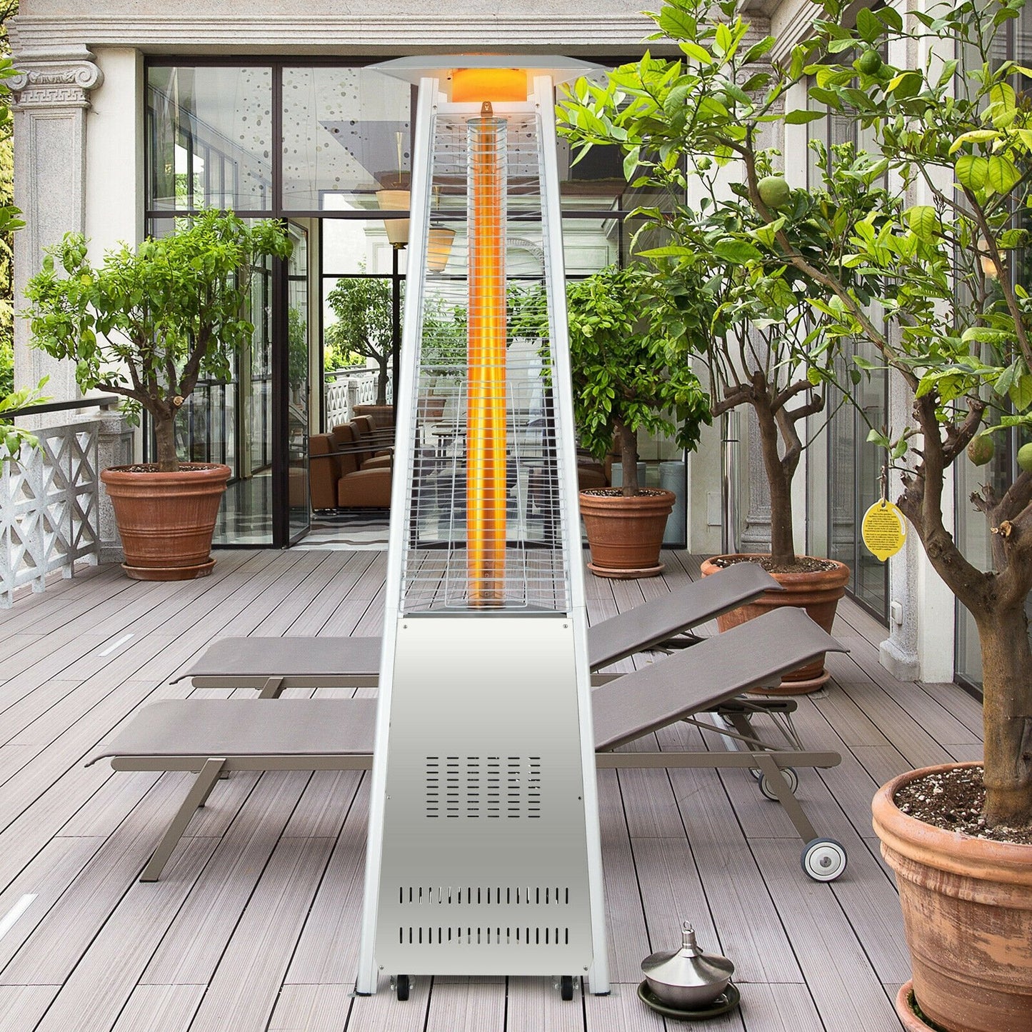 42 000 BTU Stainless Steel Pyramid Patio Heater With Wheels, Silver