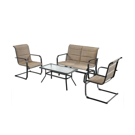 4 Pieces Outdoor Patio Furniture Set with Padded Glider Loveseat and Coffee Table, Brown