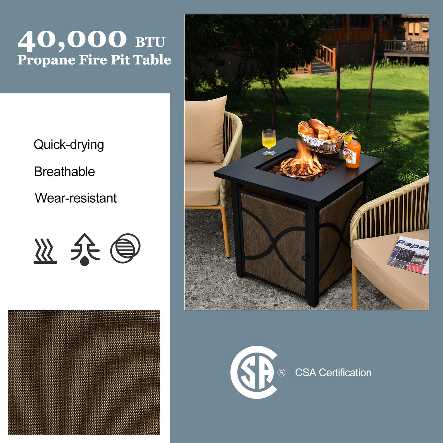 25 Inch 40000 BTU Propane Fire Pit Table, With Lid And Fire Glass, Multicolor