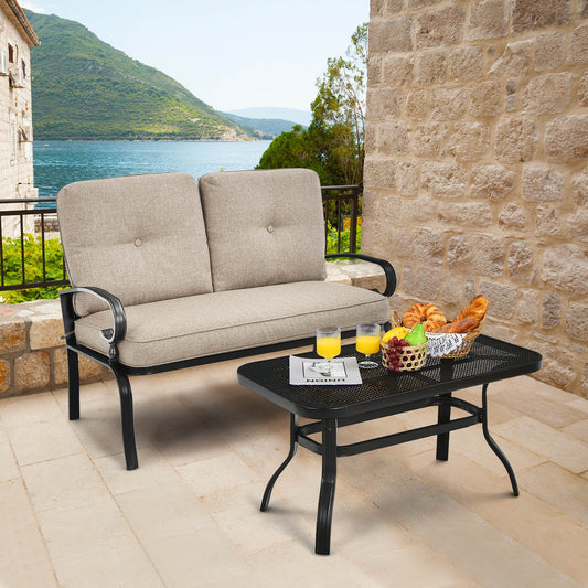 2 Pieces Patio Loveseat Bench Table Furniture Set with Cushioned Chair, Beige Patio Conversation Sets Beige at Gallery Canada