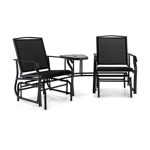 Double Swing Glider Rocker Chair set with Glass Table, Black