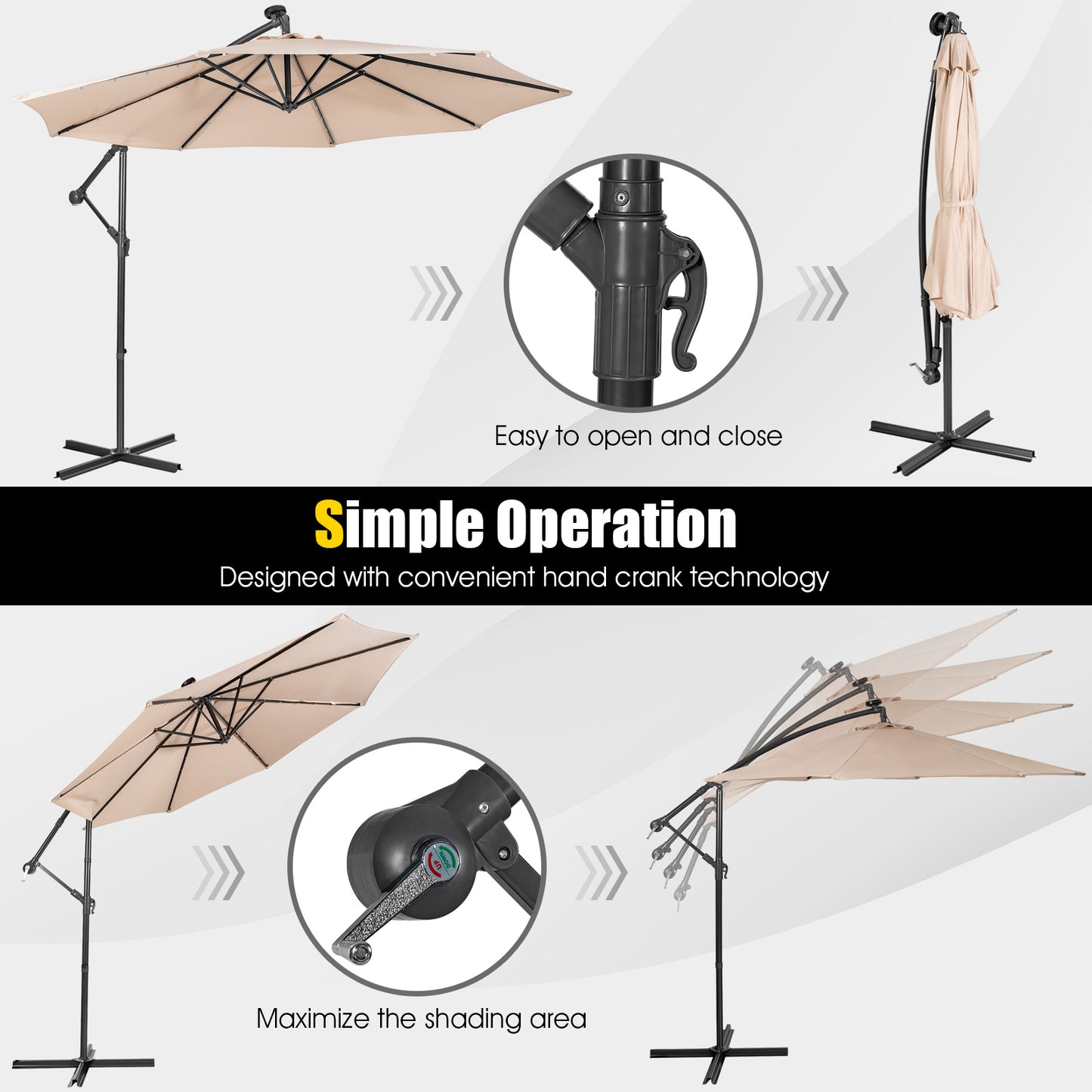 10 Feet Solar Cantilever Umbrella, Tilting System, Beige Outdoor Umbrellas at Gallery Canada
