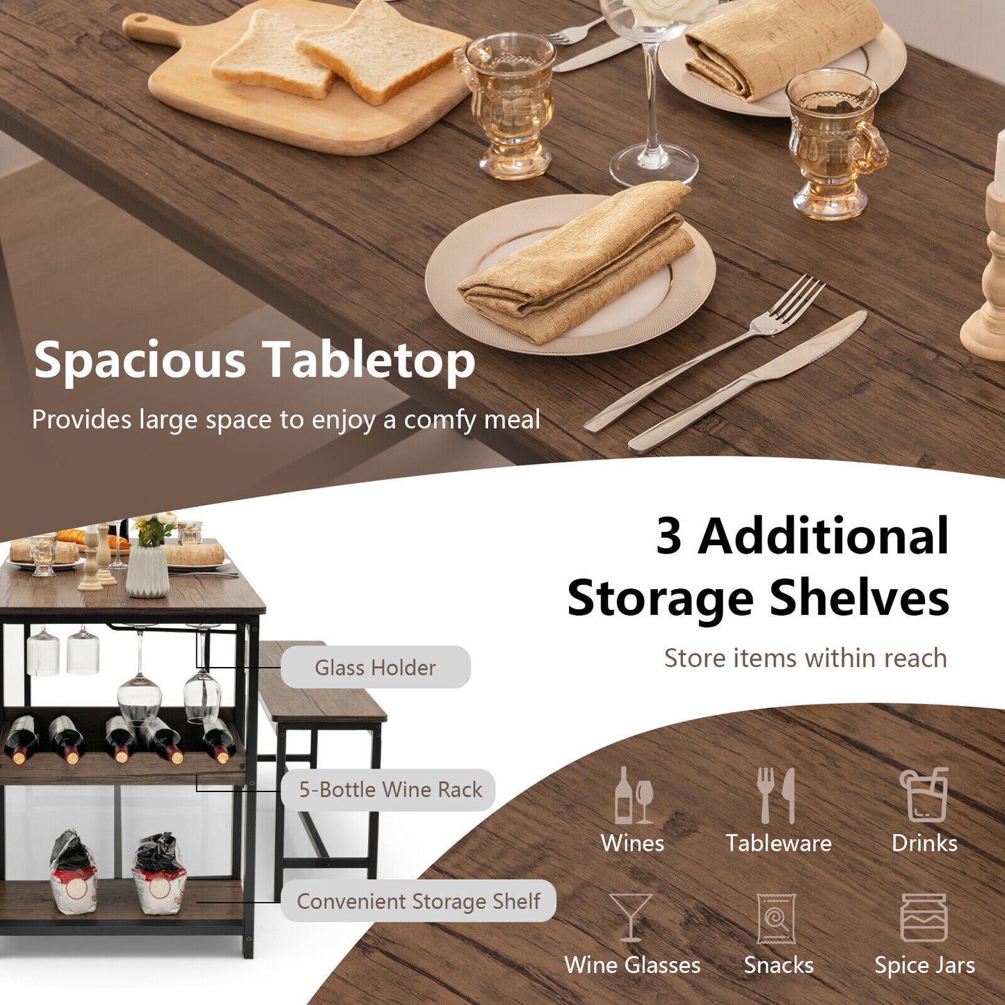 3-Piece Dining Table Set For 4 With Wine Rack, Brown Dining Room Sets at Gallery Canada