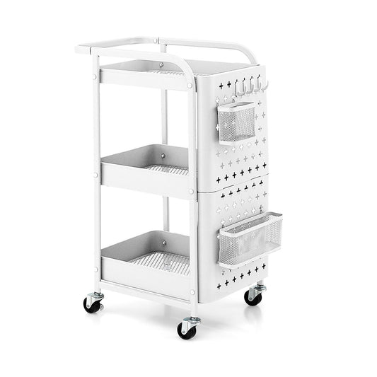 3-Tier Utility Storage Cart with DIY Pegboard Baskets, White