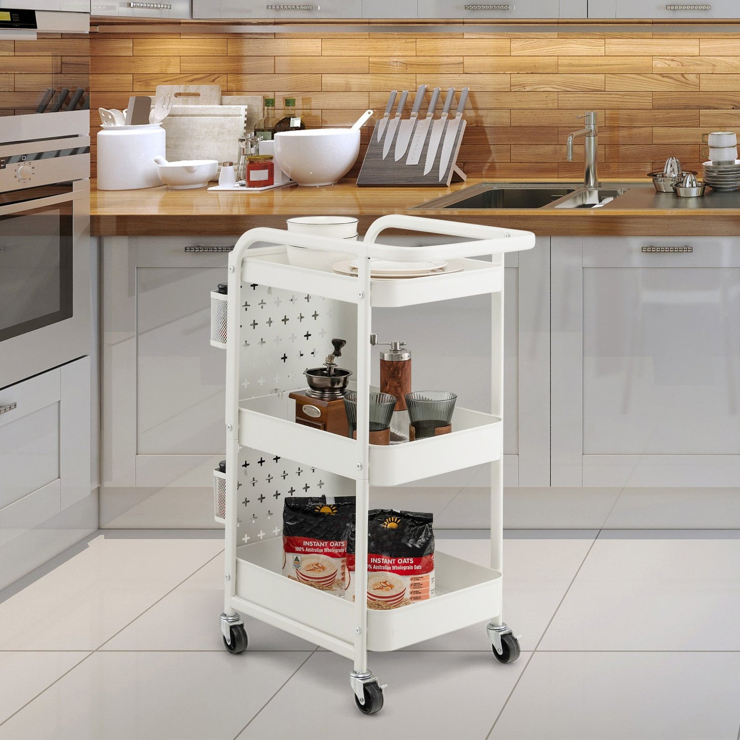 3-Tier Utility Storage Cart with DIY Pegboard Baskets, White