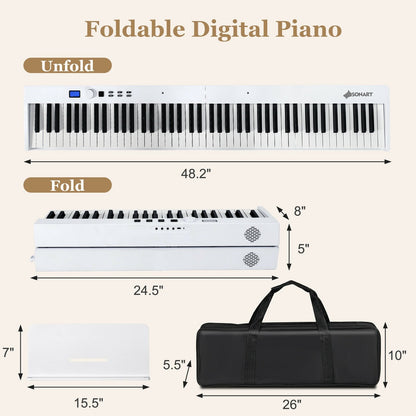 88-Key Foldable Digital Piano with MIDI and Wireless BT, White