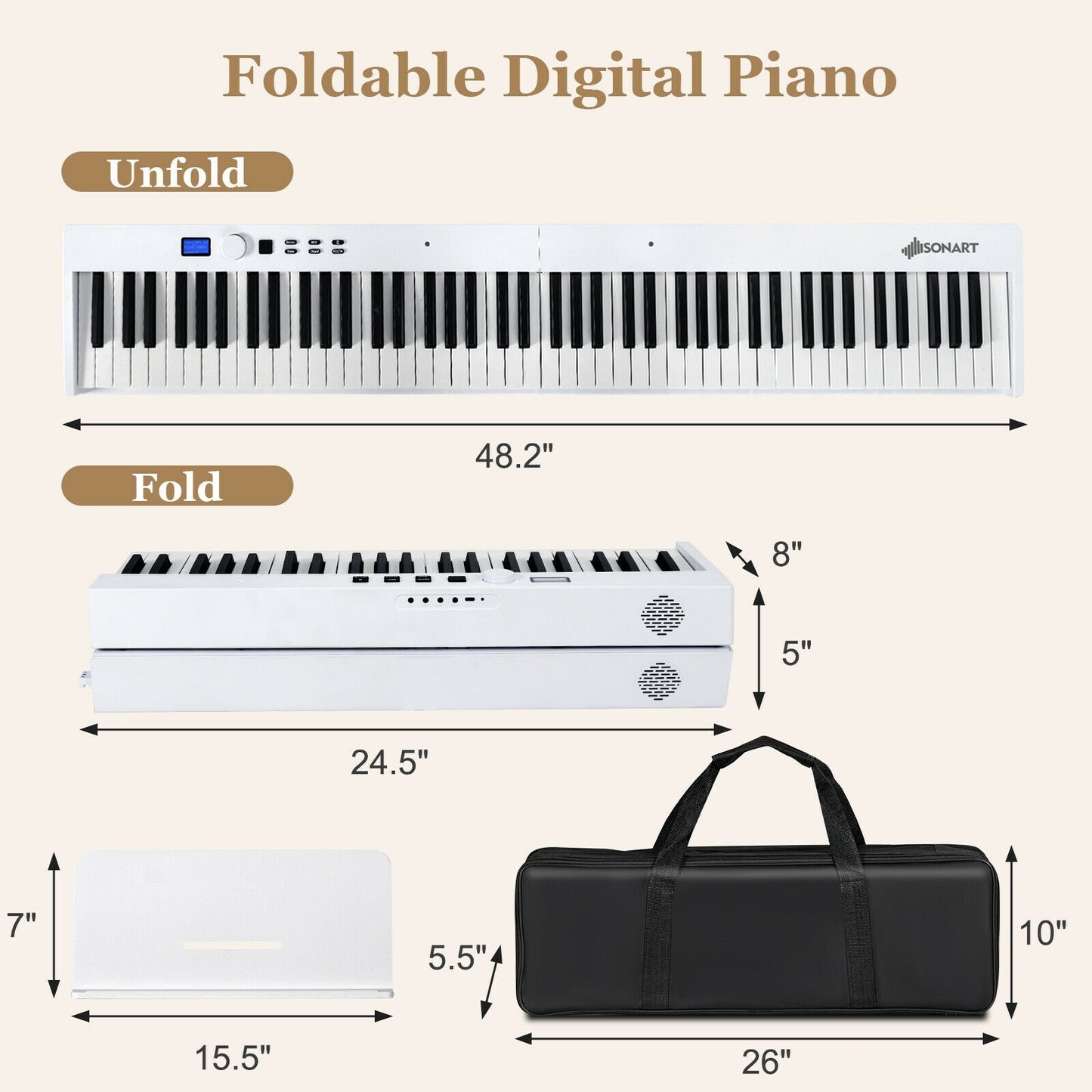 88-Key Foldable Digital Piano with MIDI and Wireless BT, White at Gallery Canada