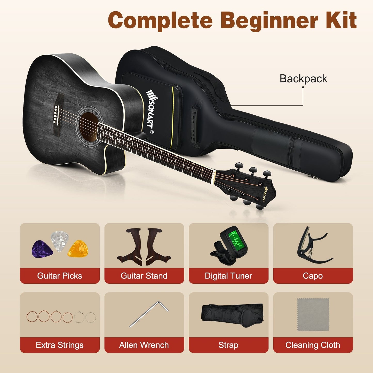 41 Inch Full Size Cutaway Acoustic Guitar Set for Beginner, Black at Gallery Canada