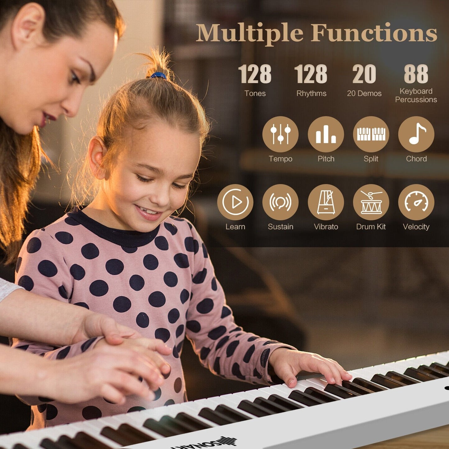 88-Key Folding Electric Lighted Piano Full-Size Portable Keyboard MIDI, White at Gallery Canada