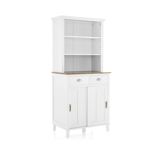 Freestanding Kitchen Pantry with Hutch Sliding Door and Drawer, White