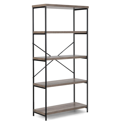 5-Tier Industrial Bookshelf Display Storage Rack with Metal Frame, Gray