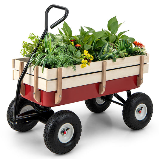 Garden Cart with Wood Railing and Pneumatic Wheels, Red at Gallery Canada