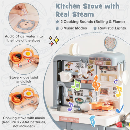 Kids Play Kitchen Toy with Stove Sink Oven with Light and Sound, Gray