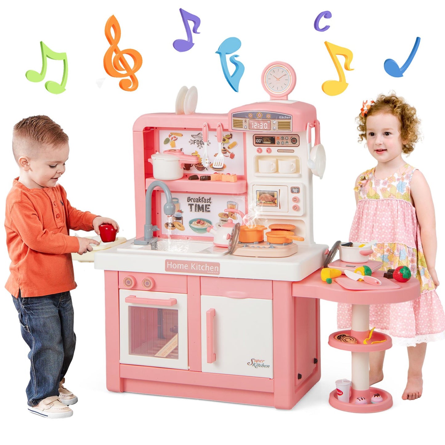 Kids Play Kitchen Toy with Stove Sink Oven with Light and Sound, Pink
