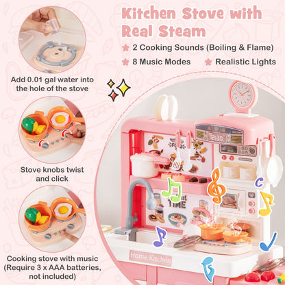 Kids Play Kitchen Toy with Stove Sink Oven with Light and Sound, Pink