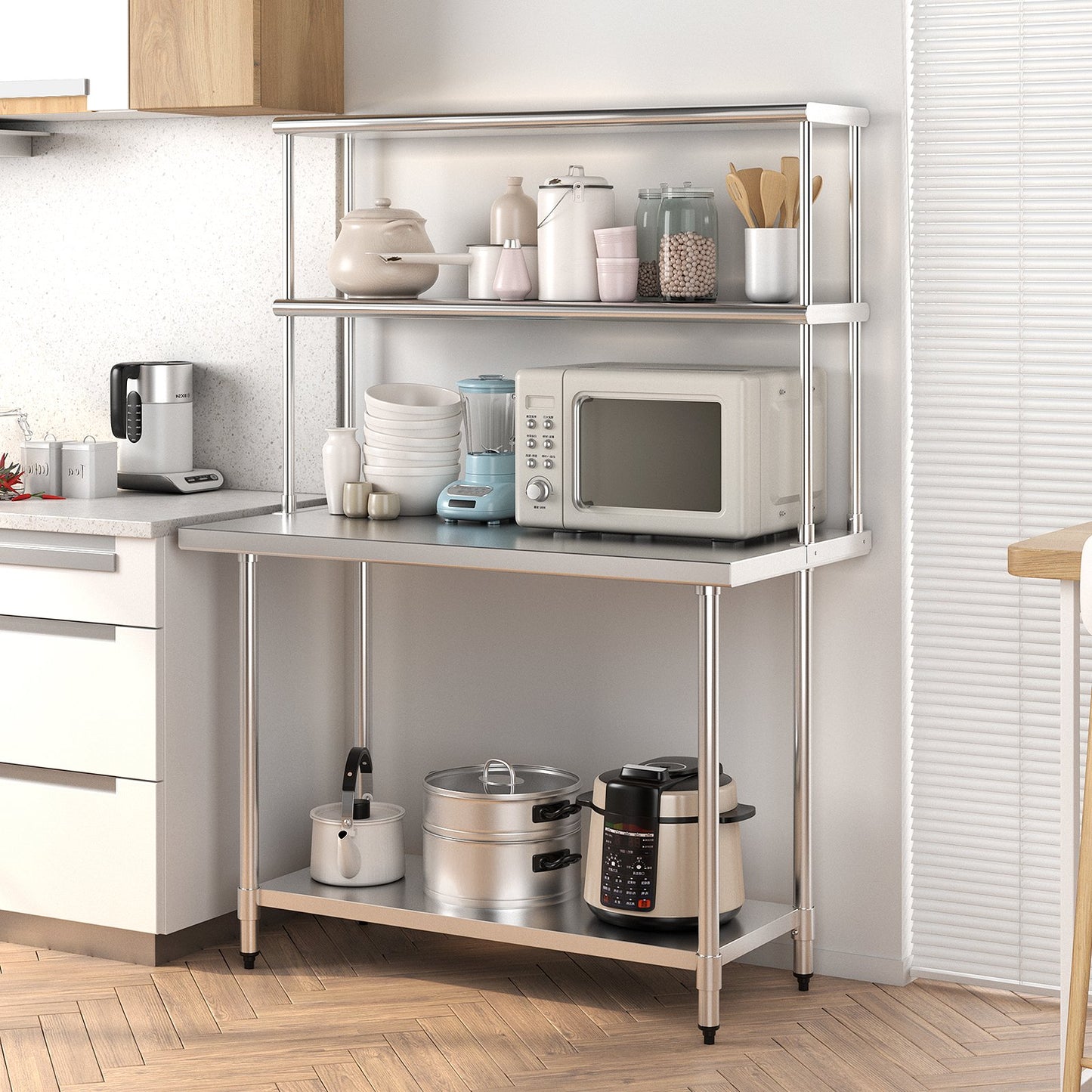 Stainless Steel Overshelf with Adjustable Lower Shelf for Home Kitchen, Silver