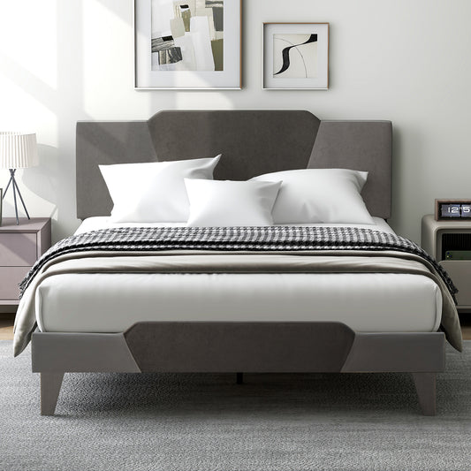 Velvet Upholstered Bed Frame, Queen Size, Gray Simple Bed Frame Gray at Gallery Canada