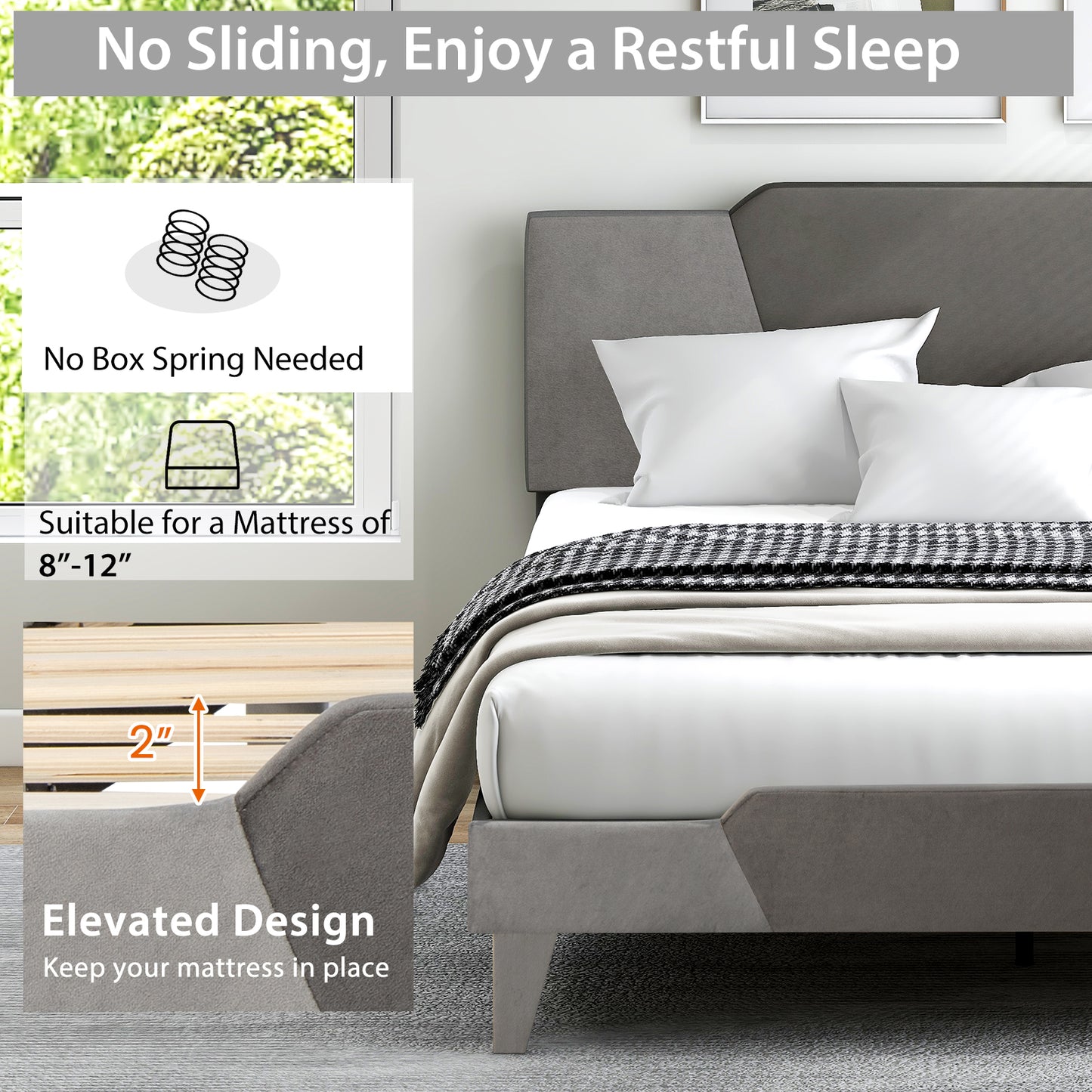 Velvet Upholstered Bed Frame, Queen Size, Gray Simple Bed Frame at Gallery Canada