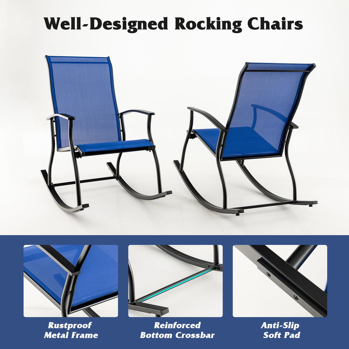 2 Pieces Outdoor Rocking Chairs with Breathable Backrest, Navy Patio Rocking Chairs & Gliders at Gallery Canada