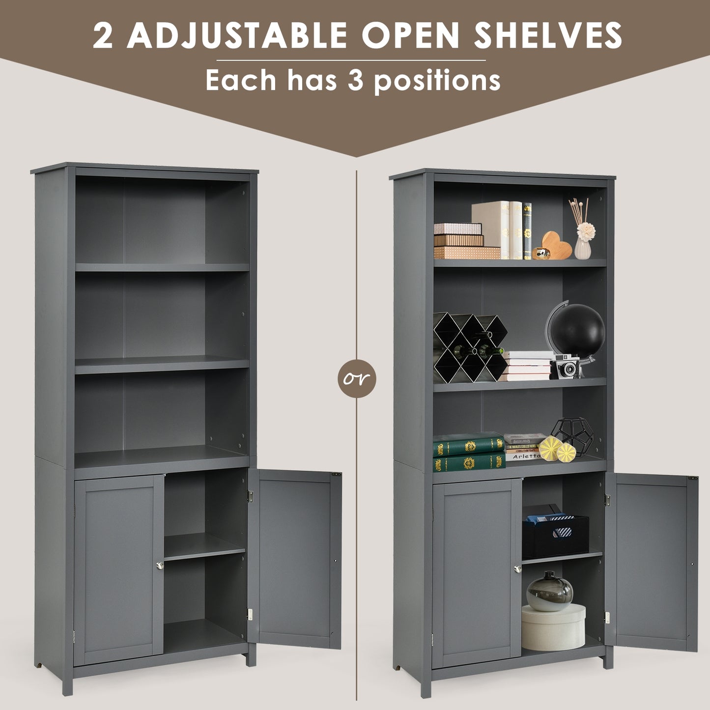 Bookcase Shelving Storage Wooden Cabinet Unit Standing Display Bookcase with Doors, Gray Bookcases at Gallery Canada