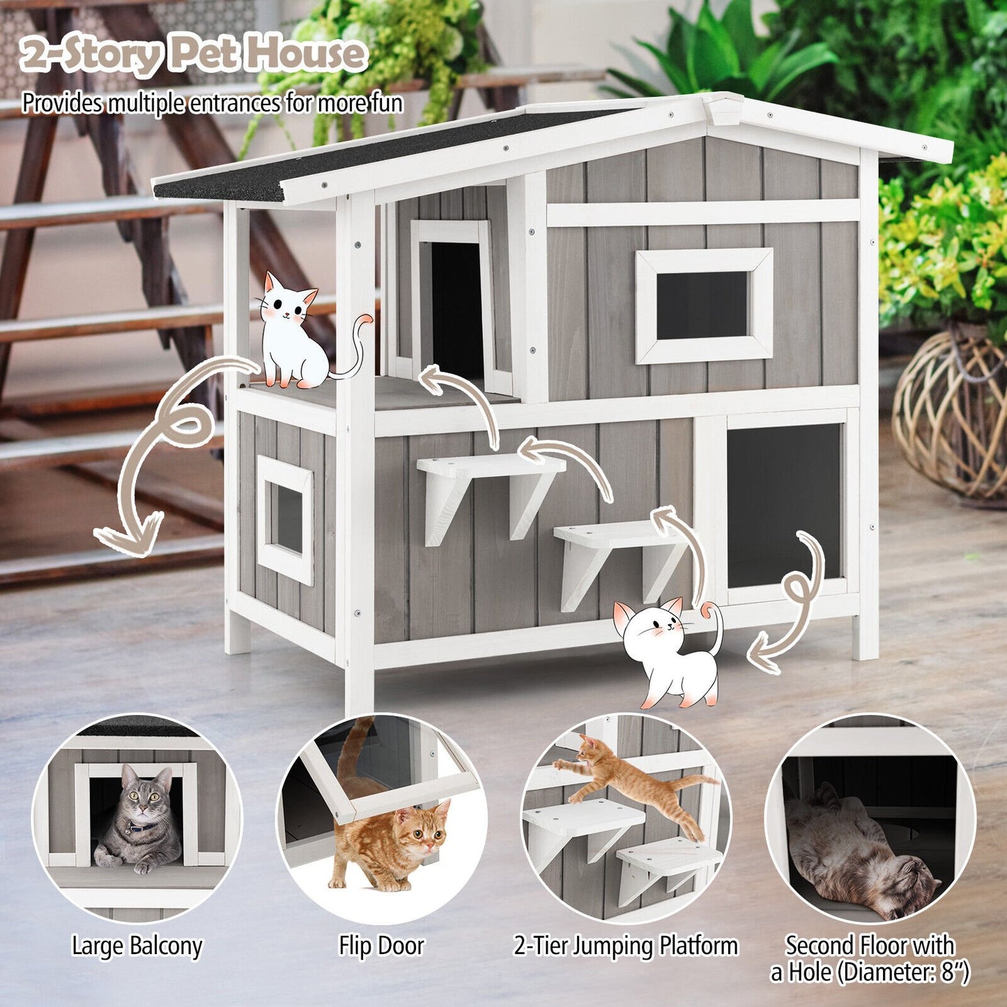Outdoor 2-Story Wooden Feral Cat House with Escape Door, Gray at Gallery Canada