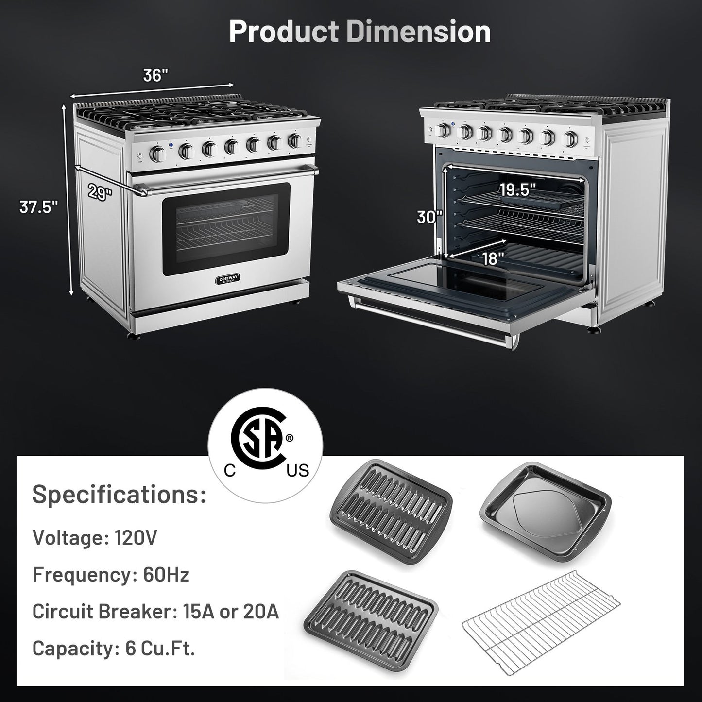 36 Inches Freestanding Natural Gas Range with 6 Burners Cooktop