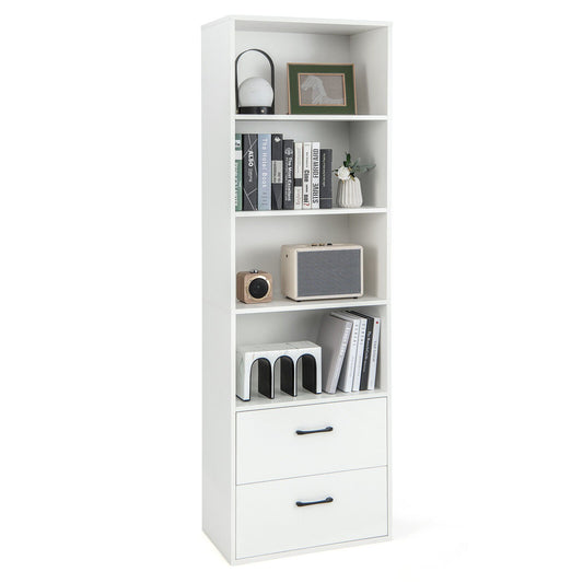 6-Tier Tall Freestanding Bookshelf with 4 Open Shelves and 2 Drawers, White