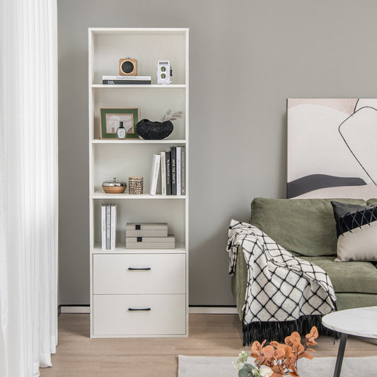 6-Tier Tall Bookshelf, 4 Open Shelves, 2 Drawers, White Bookcases White at Gallery Canada