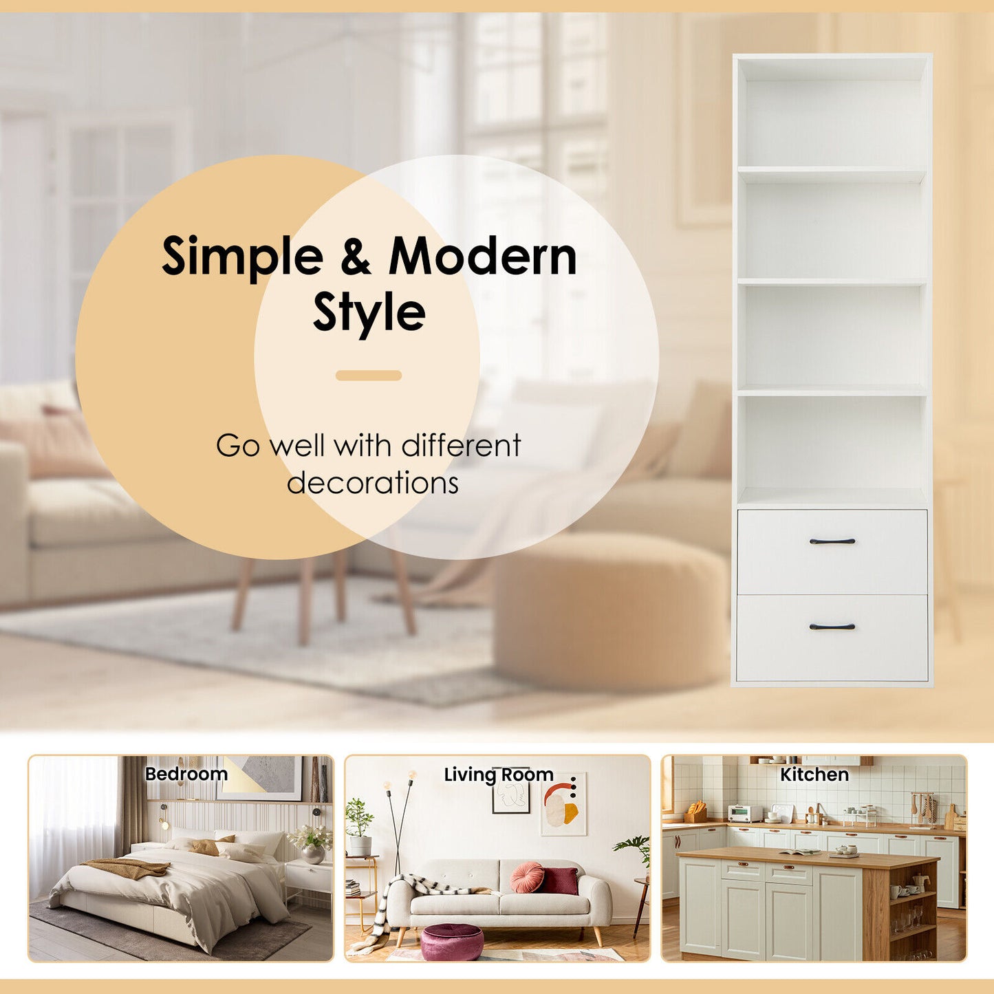 6-Tier Tall Bookshelf, 4 Open Shelves, 2 Drawers, White Bookcases at Gallery Canada