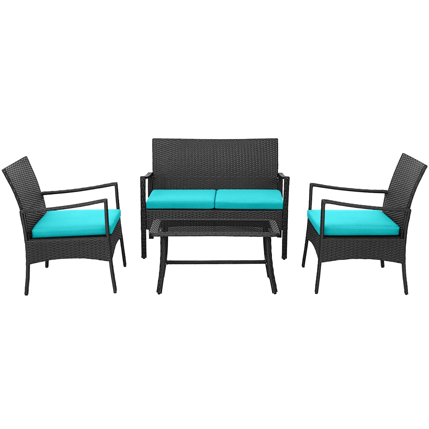 4 Piece Rattan Conversation Set, Tempered Glass Coffee Table, Turquoise Patio Conversation Sets at Gallery Canada