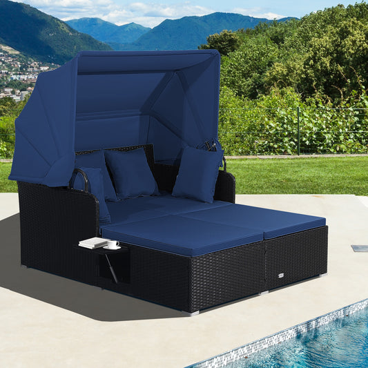 Patio Rattan Daybed With Retractable Canopy, Side Tables, Navy