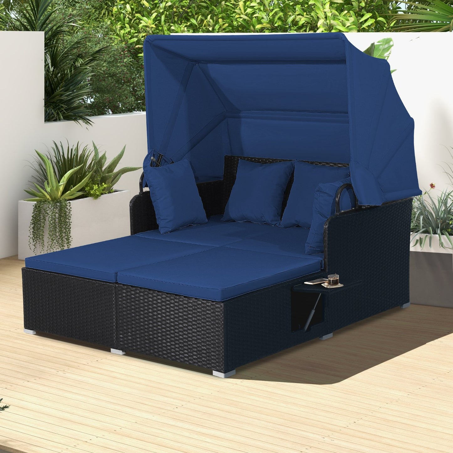 Patio Rattan Daybed with Retractable Canopy and Side Tables, Navy