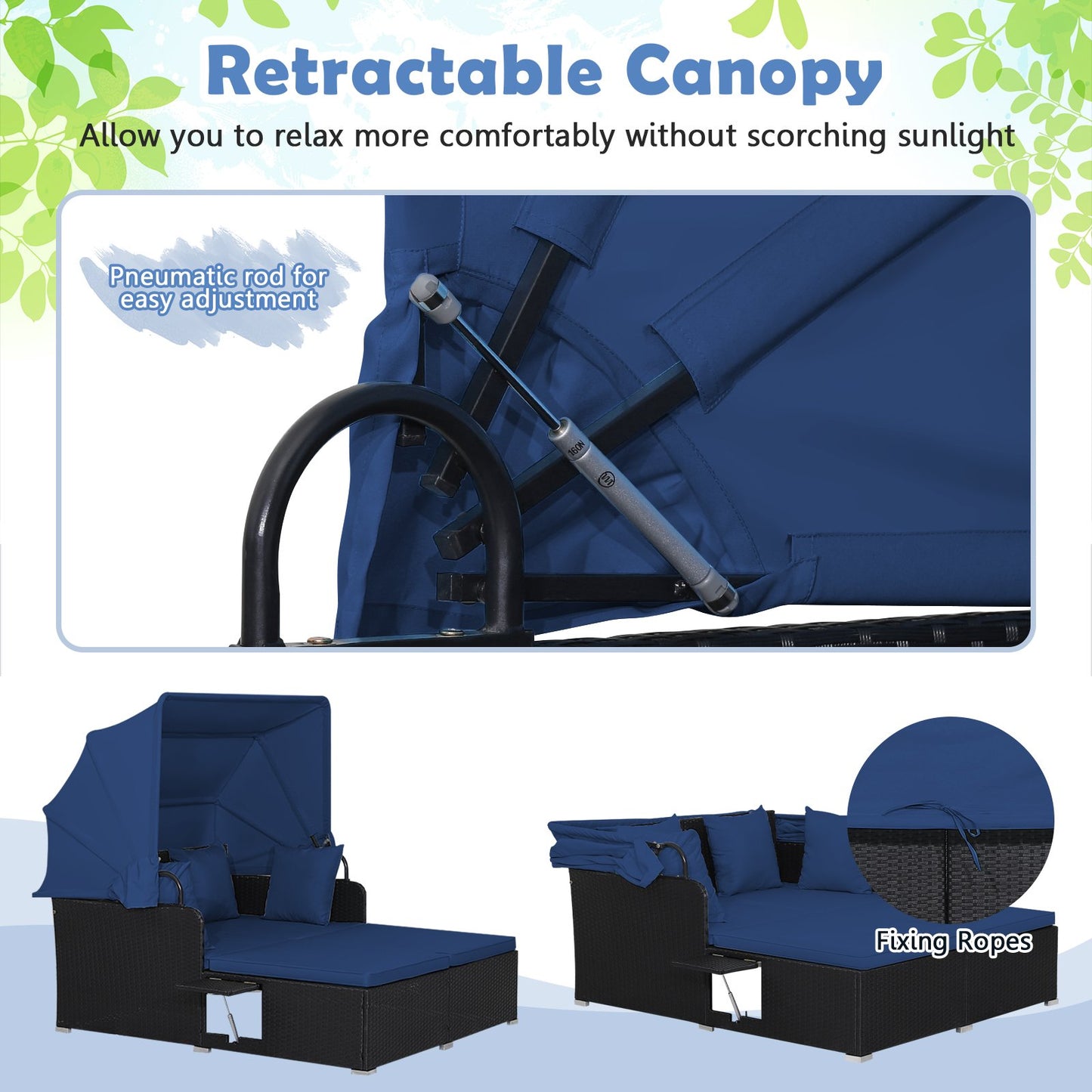 Patio Rattan Daybed with Retractable Canopy and Side Tables, Navy