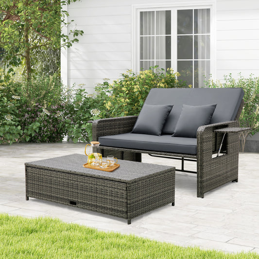 Wicker Loveseat Sofa with Multipurpose Ottoman and Retractable Side Tray, Gray Patio Furniture Sets Gray at Gallery Canada