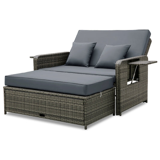 Wicker Loveseat Sofa with Multipurpose Ottoman and Retractable Side Tray, Gray