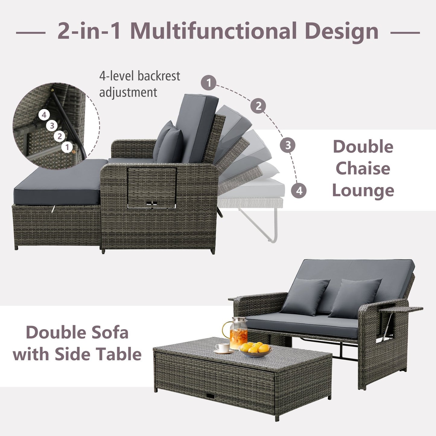 Wicker Loveseat Sofa with Multipurpose Ottoman and Retractable Side Tray, Gray