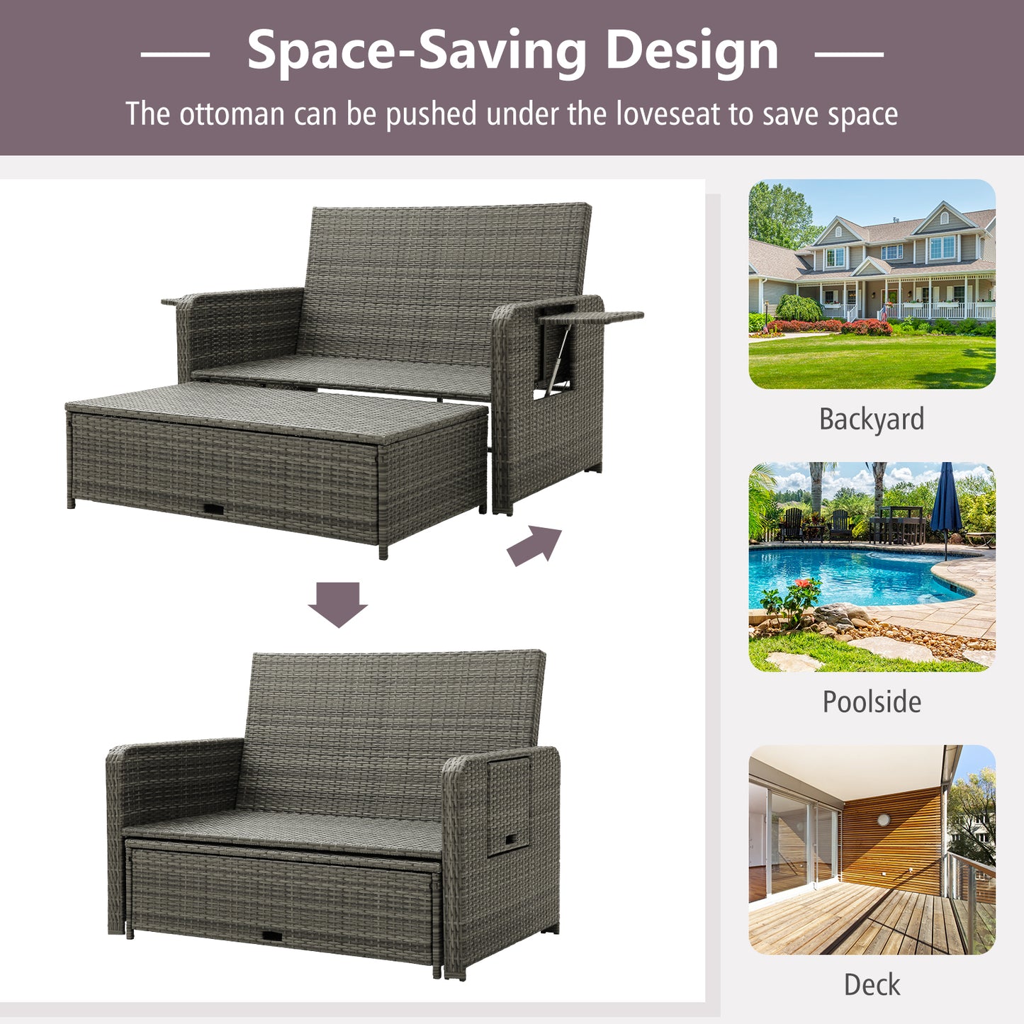 Wicker Loveseat Sofa with Multipurpose Ottoman and Retractable Side Tray, Gray Patio Furniture Sets at Gallery Canada