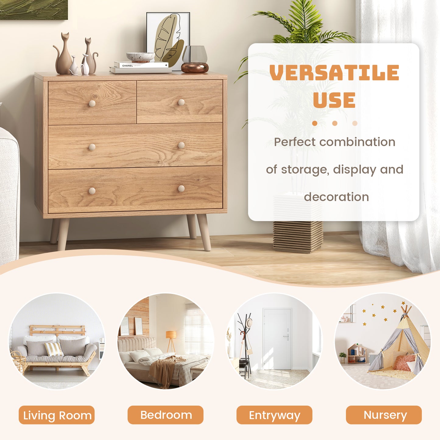 4-Drawer Dresser Cabinet Storage Organizer, Natural