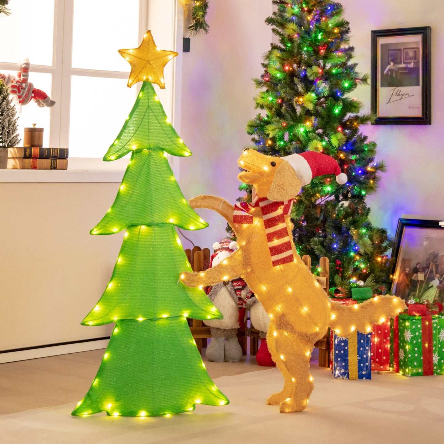 4FT Lighted Tinsel Xmas Tree with Plush Goldendoodle Dog, Multicolor