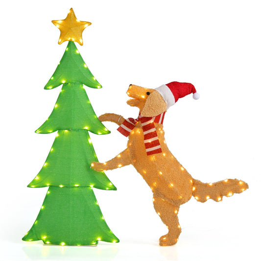 4FT Lighted Tinsel Xmas Tree with Plush Goldendoodle Dog, Multicolor