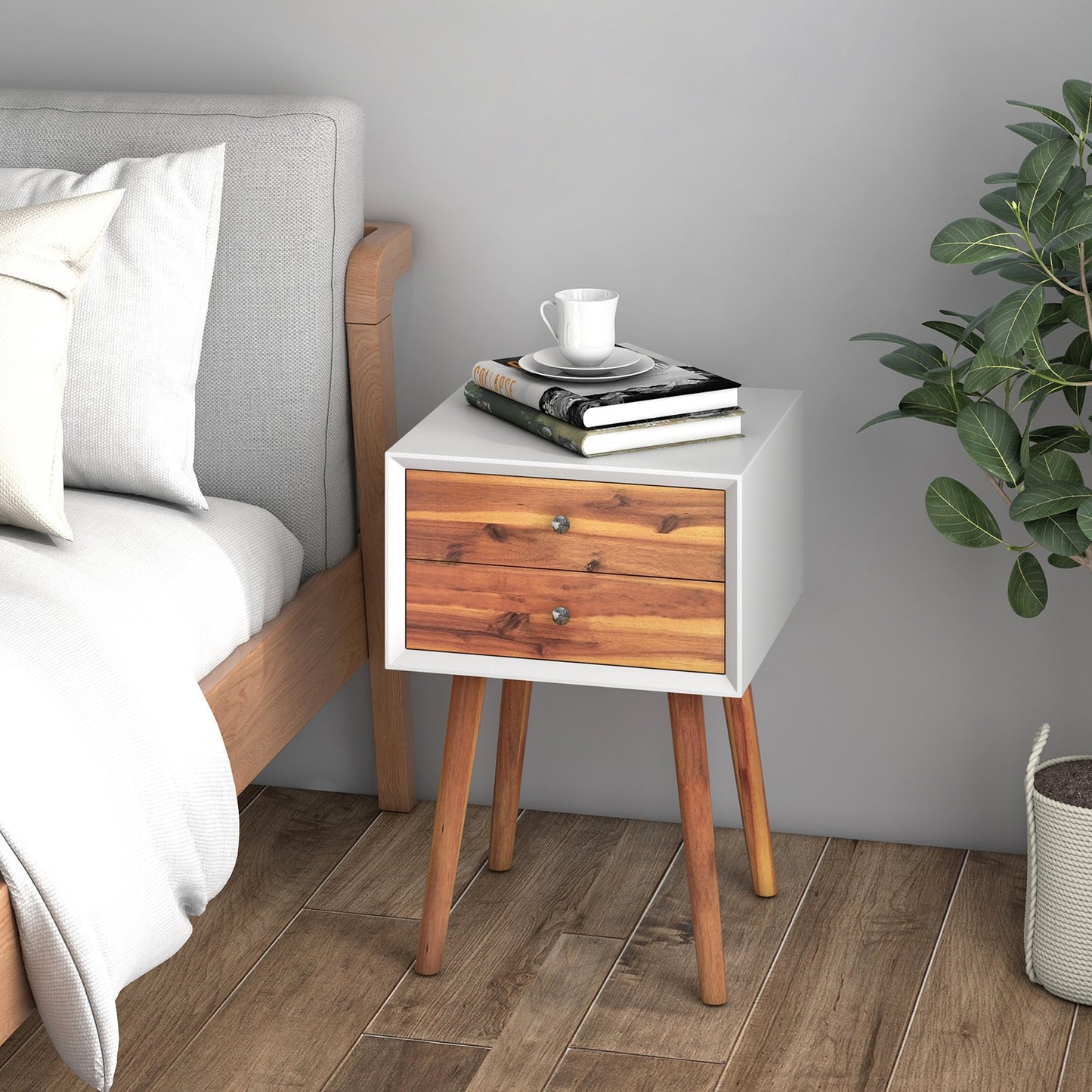 Wooden Nightstand Mid-Century End Side Table with 2 Storage Drawers, Brown at Gallery Canada