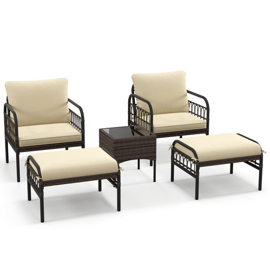 5 Piece Patio Conversation Set with Ottomans and Coffee Table, Beige