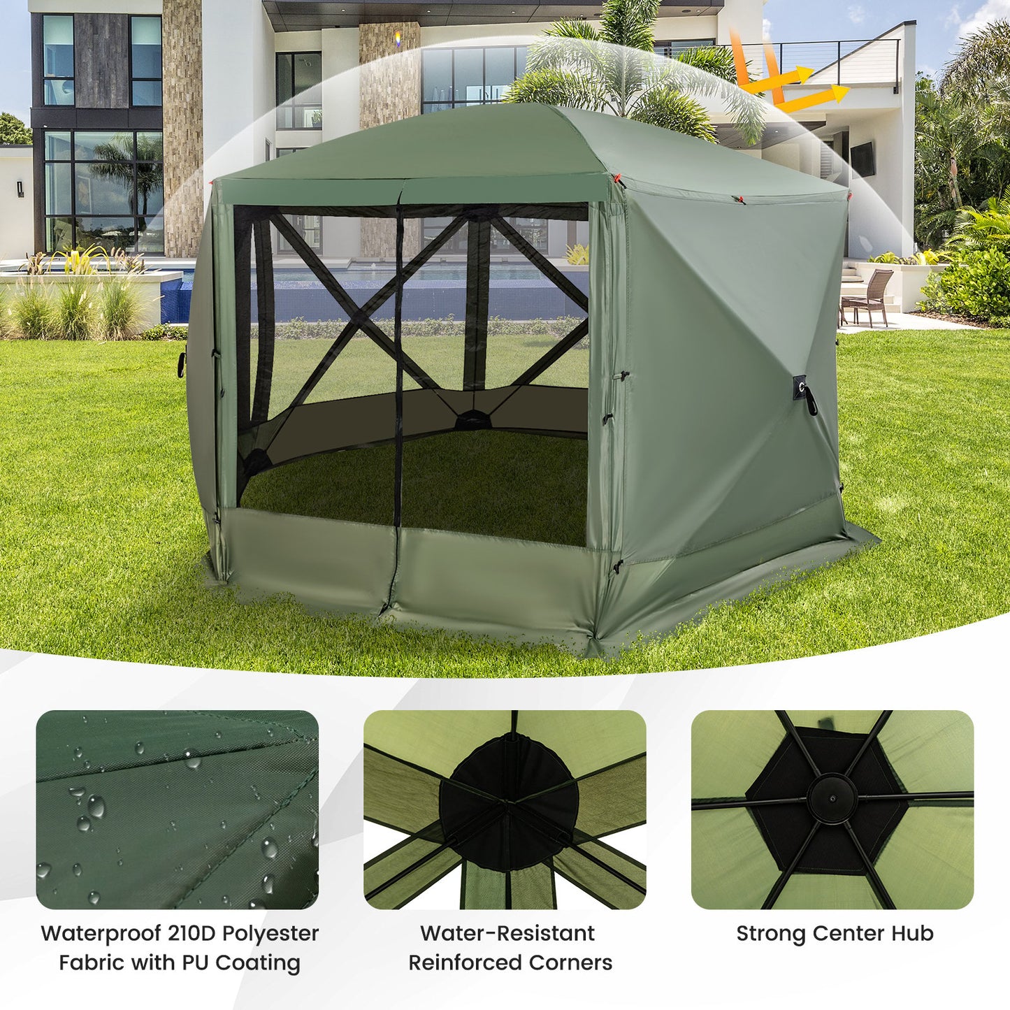11.5 X 11.5 FT Pop-up Screen House Tent with Portable Carrying Bag, Green