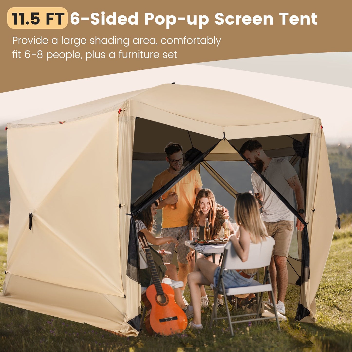 11.5 X 11.5 FT Pop-up Screen House Tent with Portable Carrying Bag, Coffee