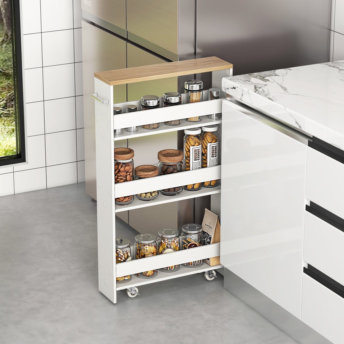 Rolling Kitchen Slim Storage Cart Mobile Shelving Organizer with Handle, White at Gallery Canada