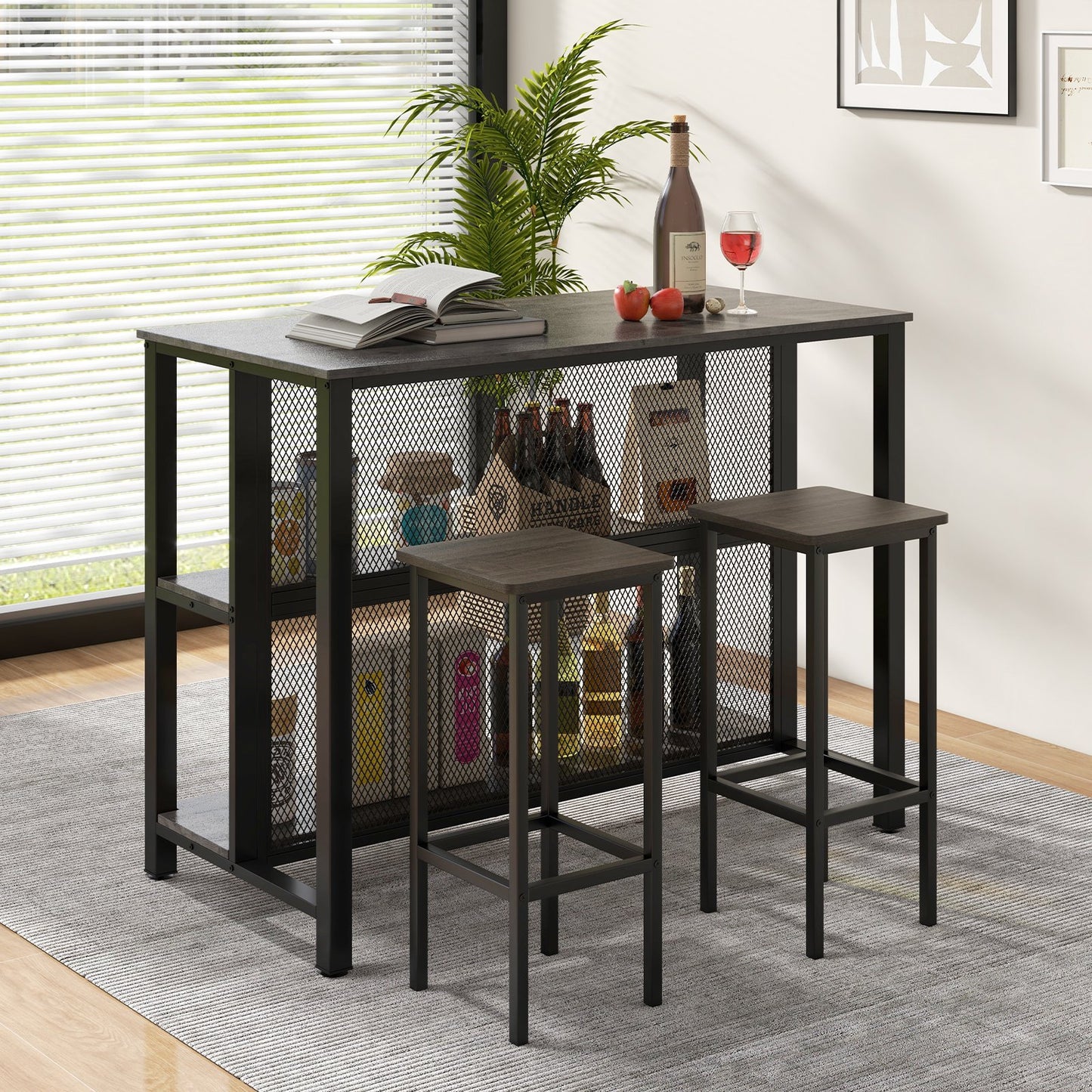36" 3-Tier Bar Table with Storage Metal Frame Adjustable Foot Pads for Dining Room, Gray