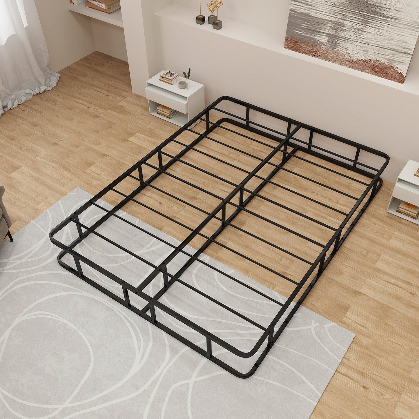 Queen Size Bed Frame with Metal Slat Support, Black